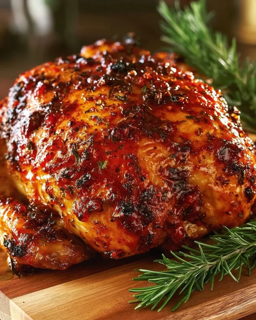 Pollo asado enteramente jugoso decorado en un plato, listo para servir
