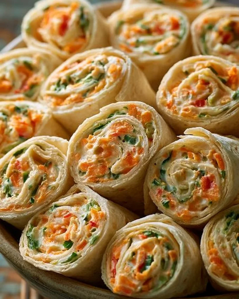 Rollitos de tortilla de verduras frescas y coloridas en un plato.