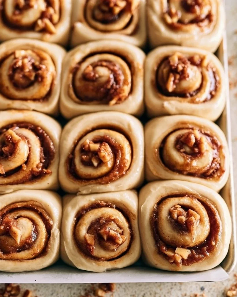 Rollos de canela rellenos de manzana y nueces frescas