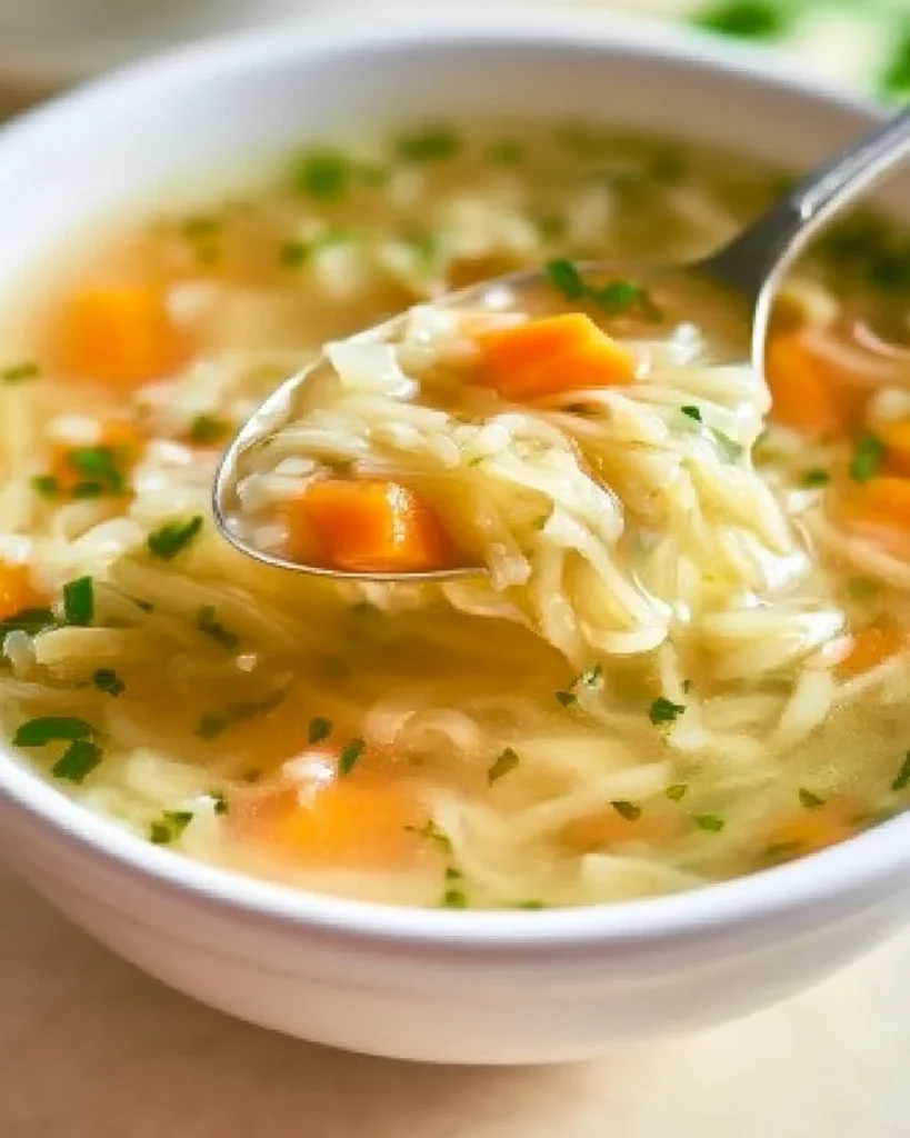 Tazón de Sopa de Orzo humeante con verduras frescas y hierbas.