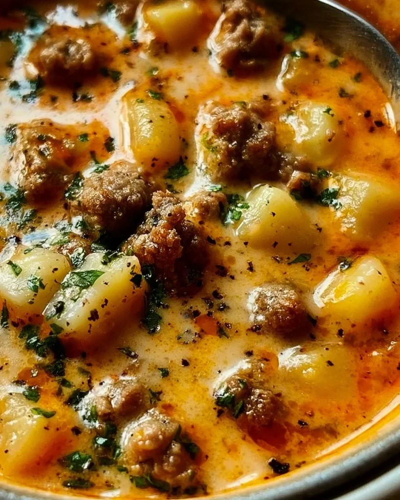 Deliciosa Sopa de Papa con Queso y Salchicha de Cerveza en un bol