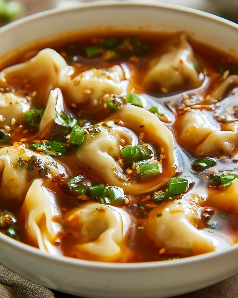 Plato de sopa de potstickers con ingredientes frescos y sabrosos.