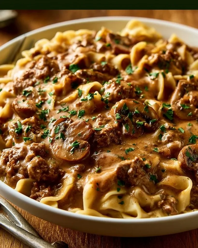 Strogonoff de carne con champiñones, un delicioso plato casero