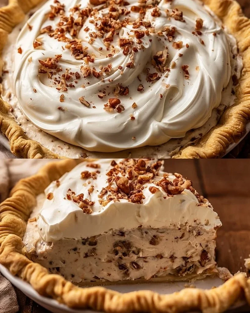 Tarta de crema de nuez pecana decorada con nueces y salsa dulce
