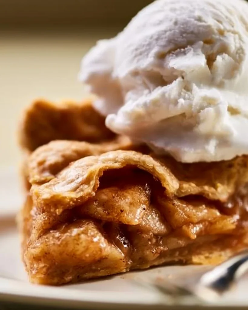 Tarta de manzana con helado servida en un plato, decorada con canela