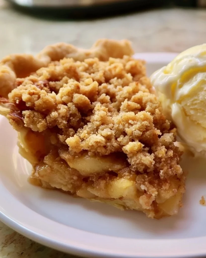 Tarta de manzana con crumble recién horneada y decorada con manzanas en rodajas