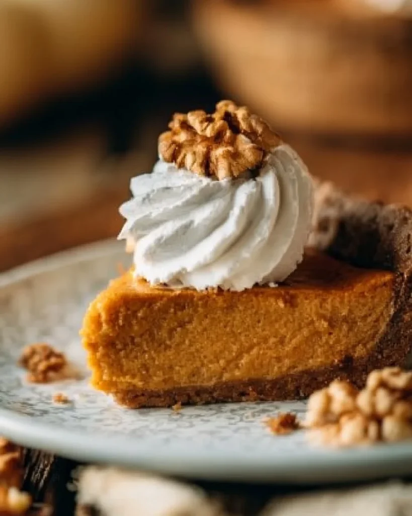 Tarta de natillas de calabaza decorada con canela y nuez.