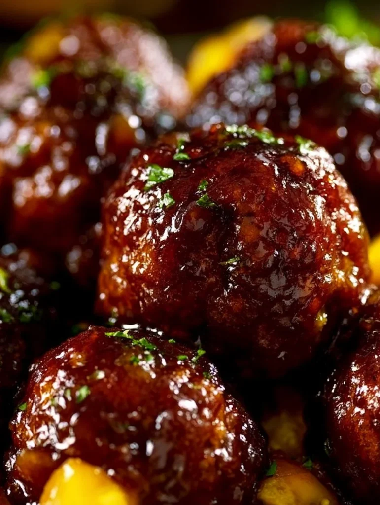 Albóndigas teriyaki cocinadas en olla de cocción lenta con salsa sabrosa.
