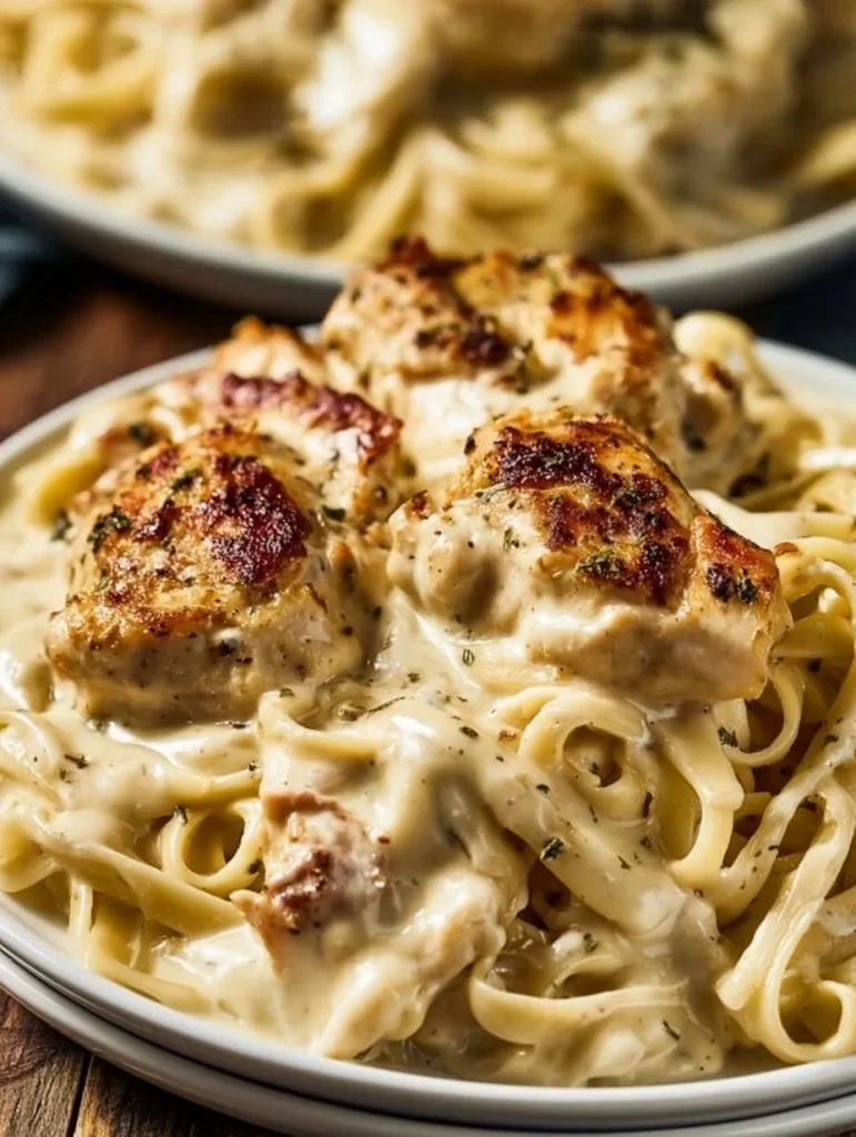 Plato de pasta Alfredo de Pollo con salsa cremosa y trozos de pollo