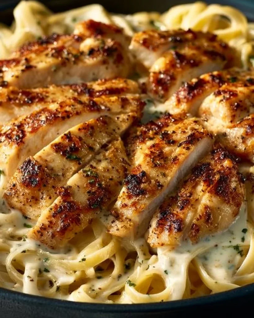 Plato de Alfredo de Pollo Cremoso servido con pasta y perejil fresco.