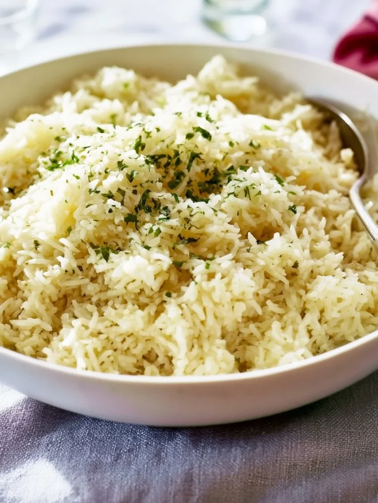 Plato de arroz con mantequilla listo para servir, delicioso y cremoso.