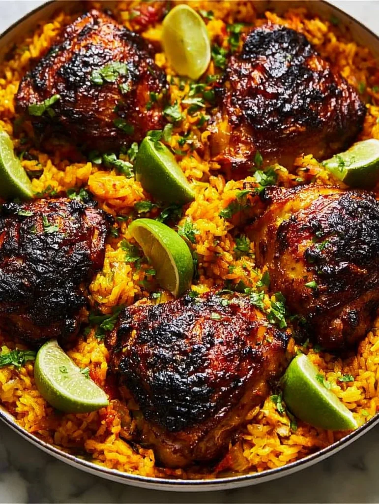Tazón de Arroz con Pollo Español servido con verduras frescas.