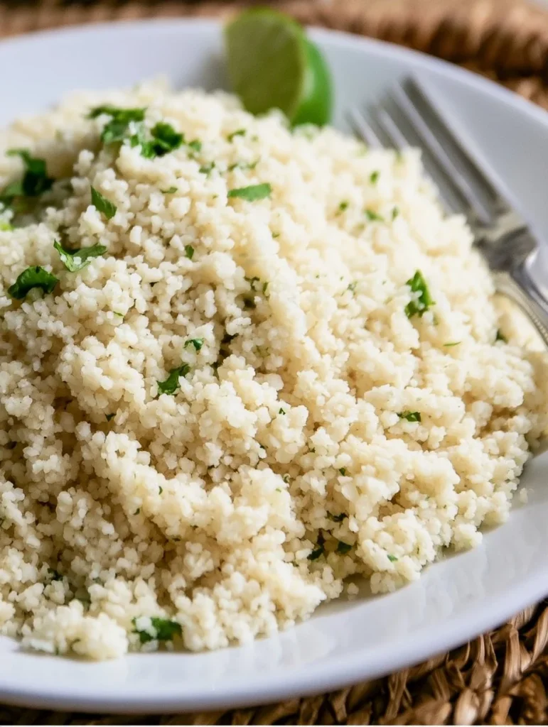 Arroz de coliflor con cilantro y lima al estilo Chipotle, un platillo saludable y delicioso.