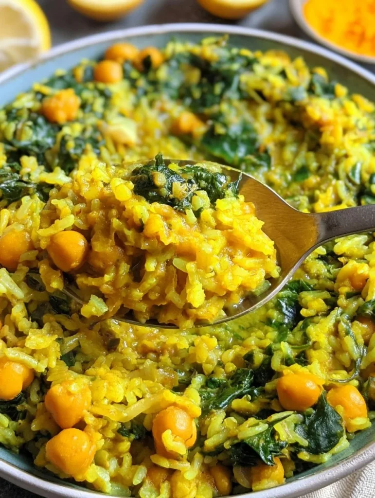 Plato de arroz de cúrcuma con garbanzos y espinacas