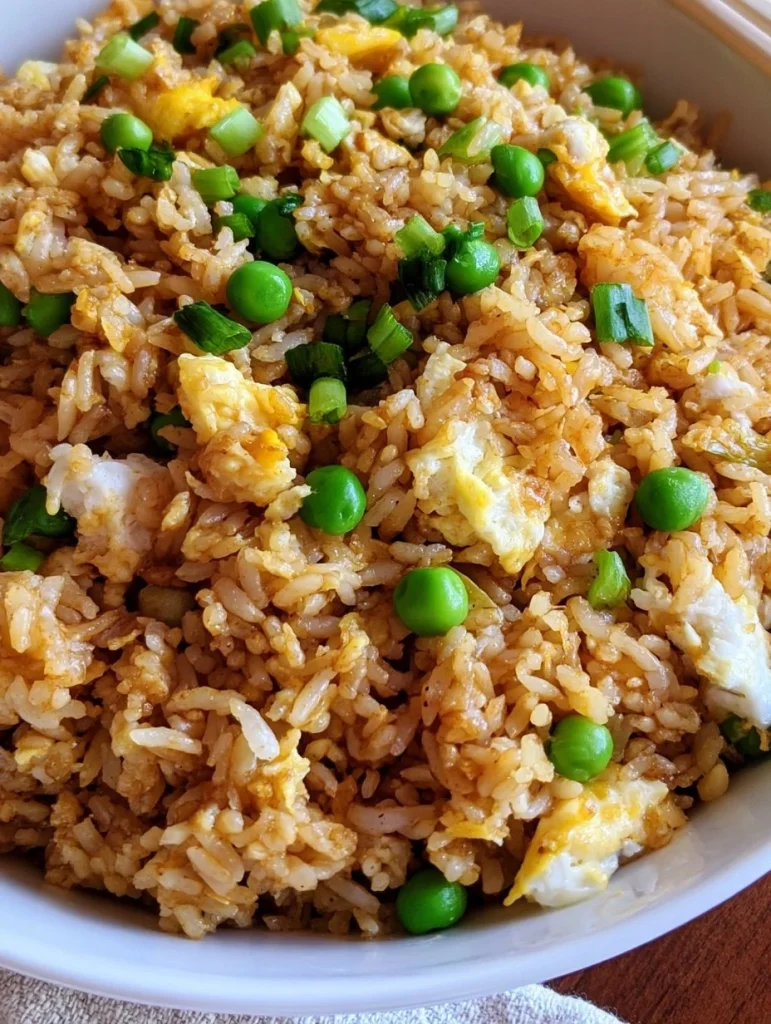 Plato de arroz frito con huevo cocinado y decorado, listo para servir.