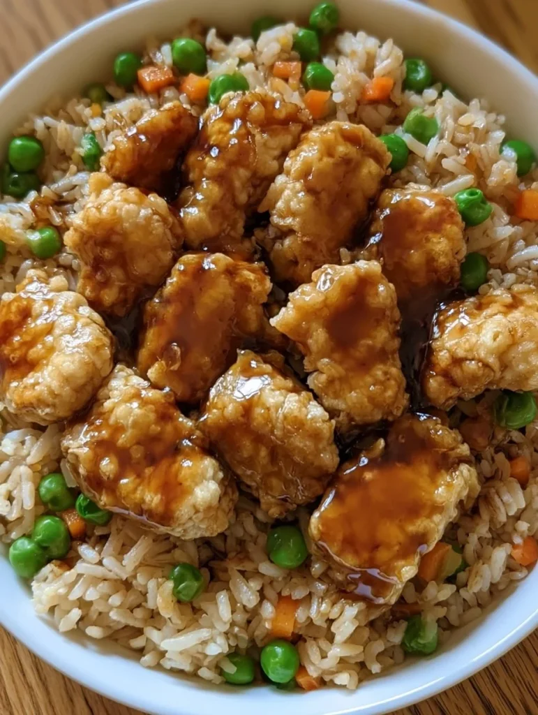 Plato de Arroz Frito con Pollo Bang Bang con vegetales frescos