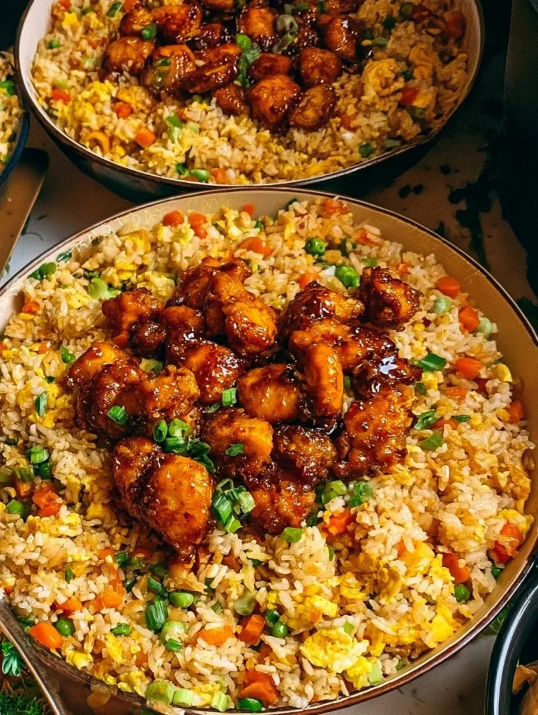 Plato de arroz frito con pollo bang bang, colorido y sabroso