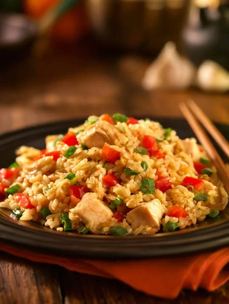 Plato de arroz frito inspirado en la cocina asiática con vegetales y carne