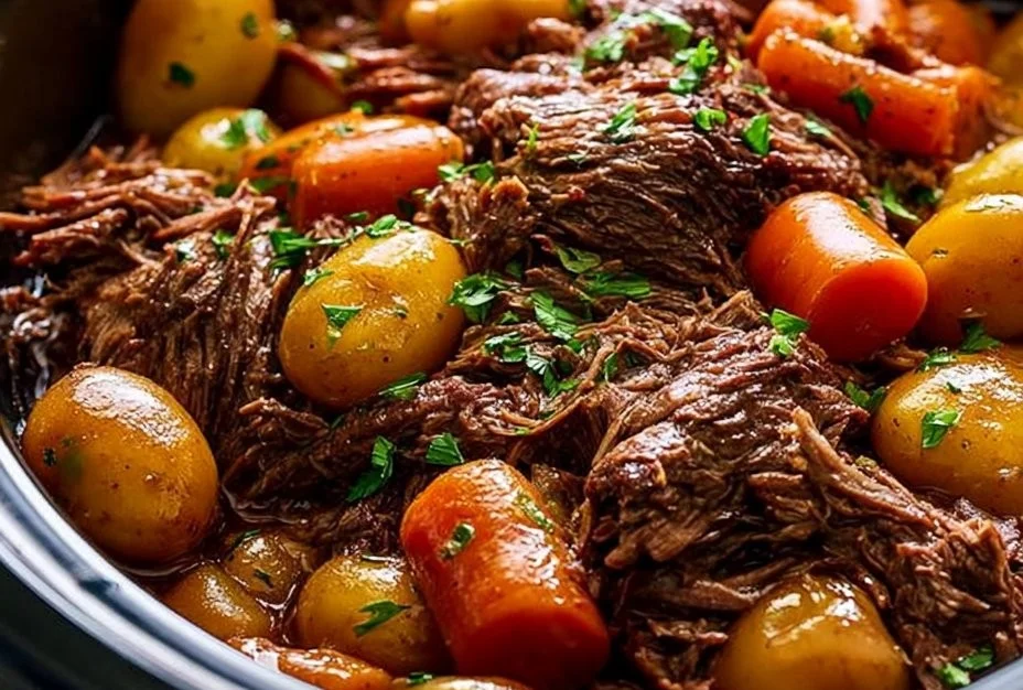 Asado cocinándose en olla de cocción lenta, jugoso y lleno de sabor.