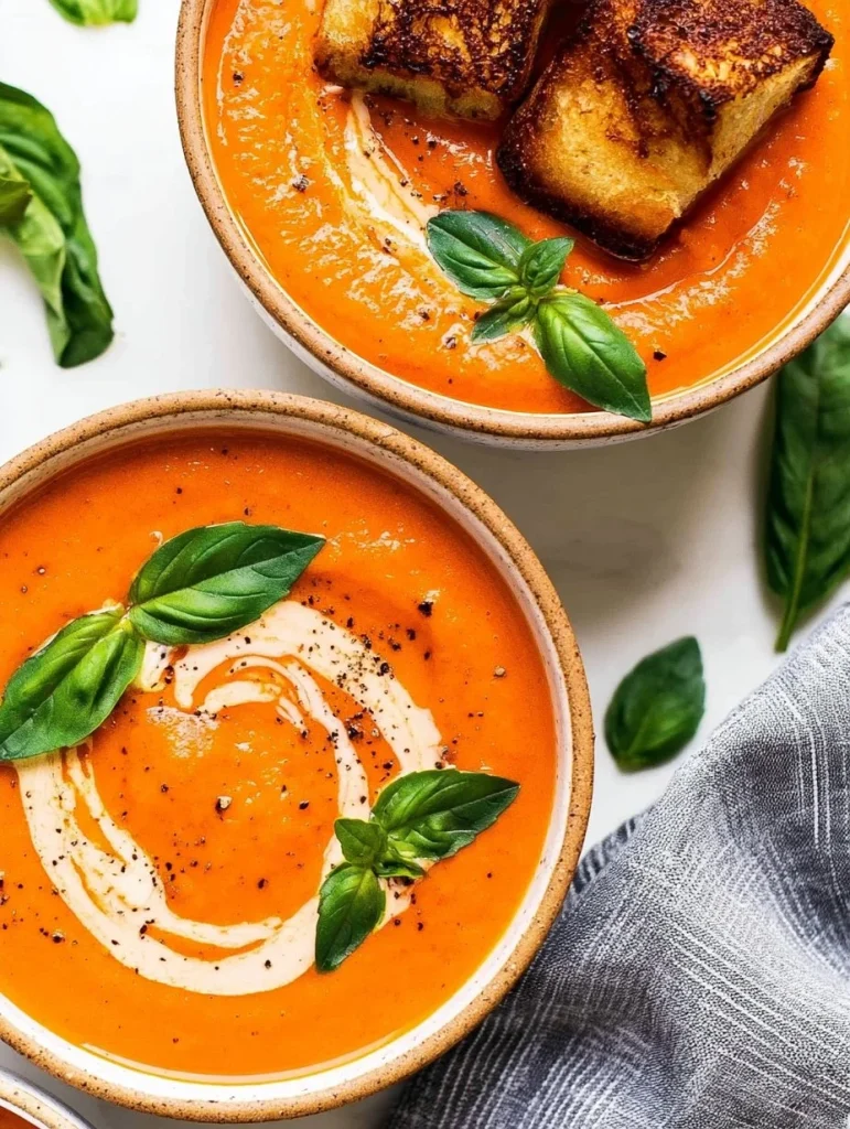 Plato de bisque de tomate cremosa con albahaca fresca