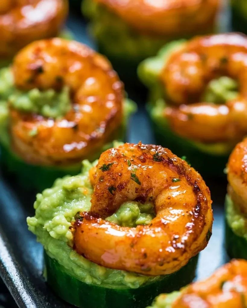 Bocaditos de camarón y aguacate servidos en un plato elegante