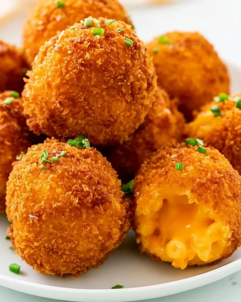 Bolas de macarrones y queso fritos dorados y crujientes en un plato