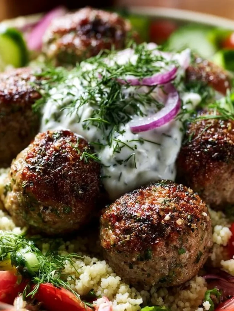 Bol de albóndigas de pavo griego con salsa y guarniciones saludables