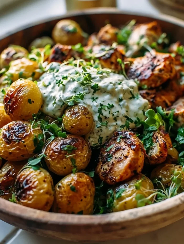 Bols de pollo y patatas a la parrilla mediterránea, plato saludable y sabroso
