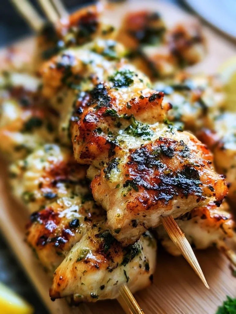 Deliciosas brochetas de pollo al ajo y parmesano listas para servir en verano.