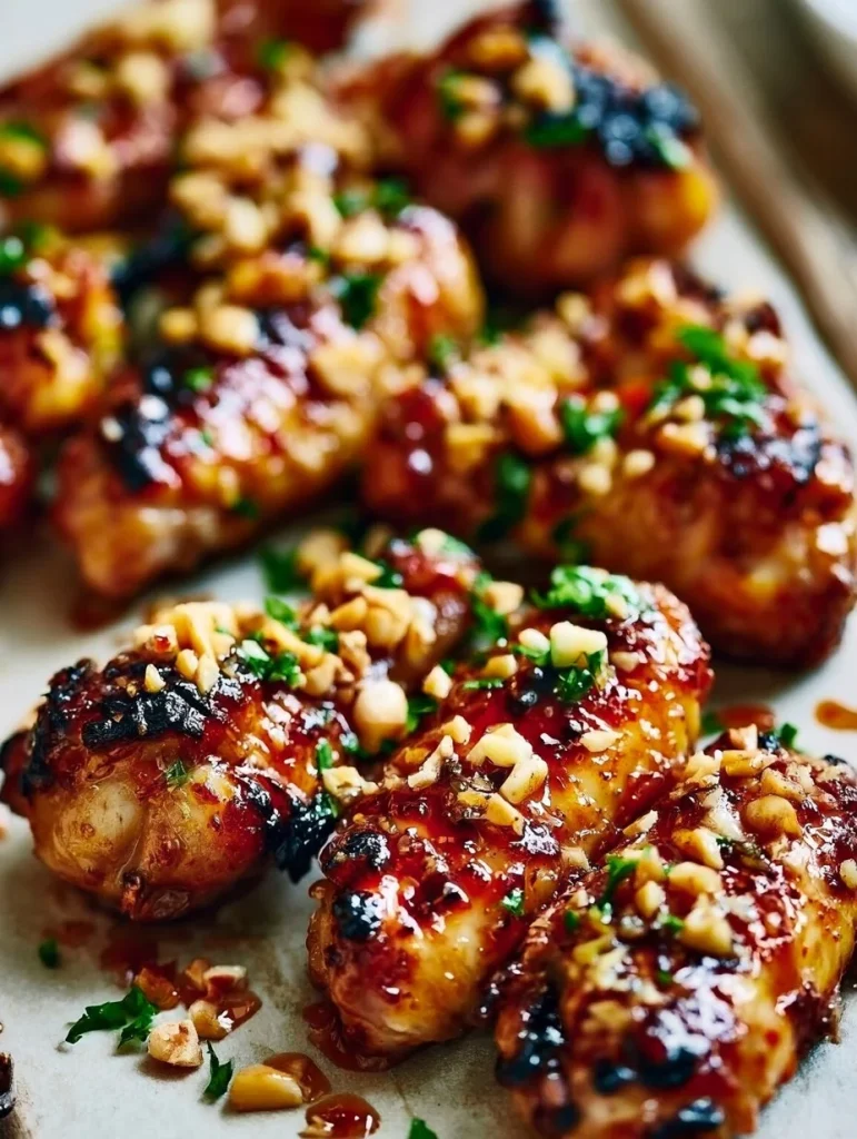 Brochetas de pollo asiático a la parrilla con salsa de ajo y miel