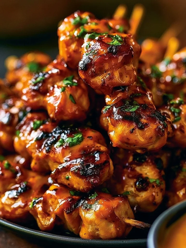 Brochetas de pollo bang bang preparadas con salsa picante y especias