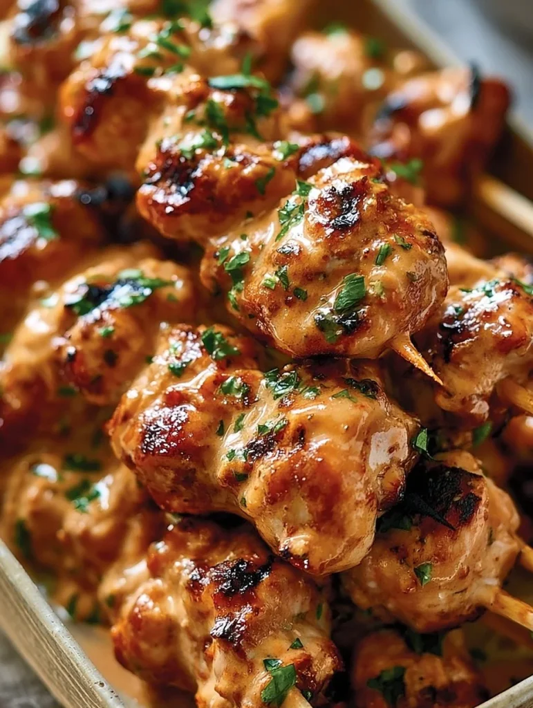 Brochetas de Pollo Bang Bang servidas con salsa picante y guarniciones frescas