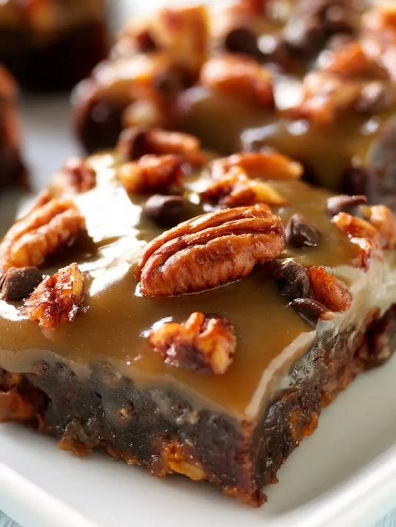 Brownies de Tortuga recién horneados y decorados con chocolate