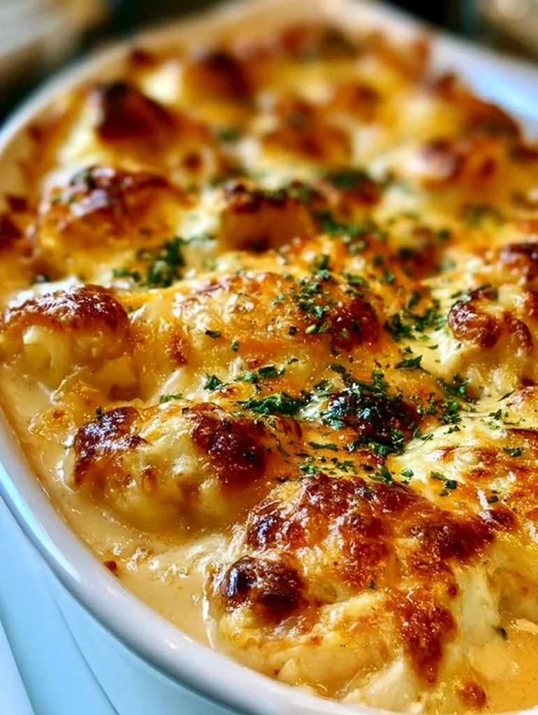 Cazuela cremosa de pollo al horno jugoso y delicioso.