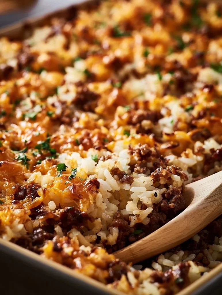 Cazuela de arroz con hamburguesa recién preparada y servida.