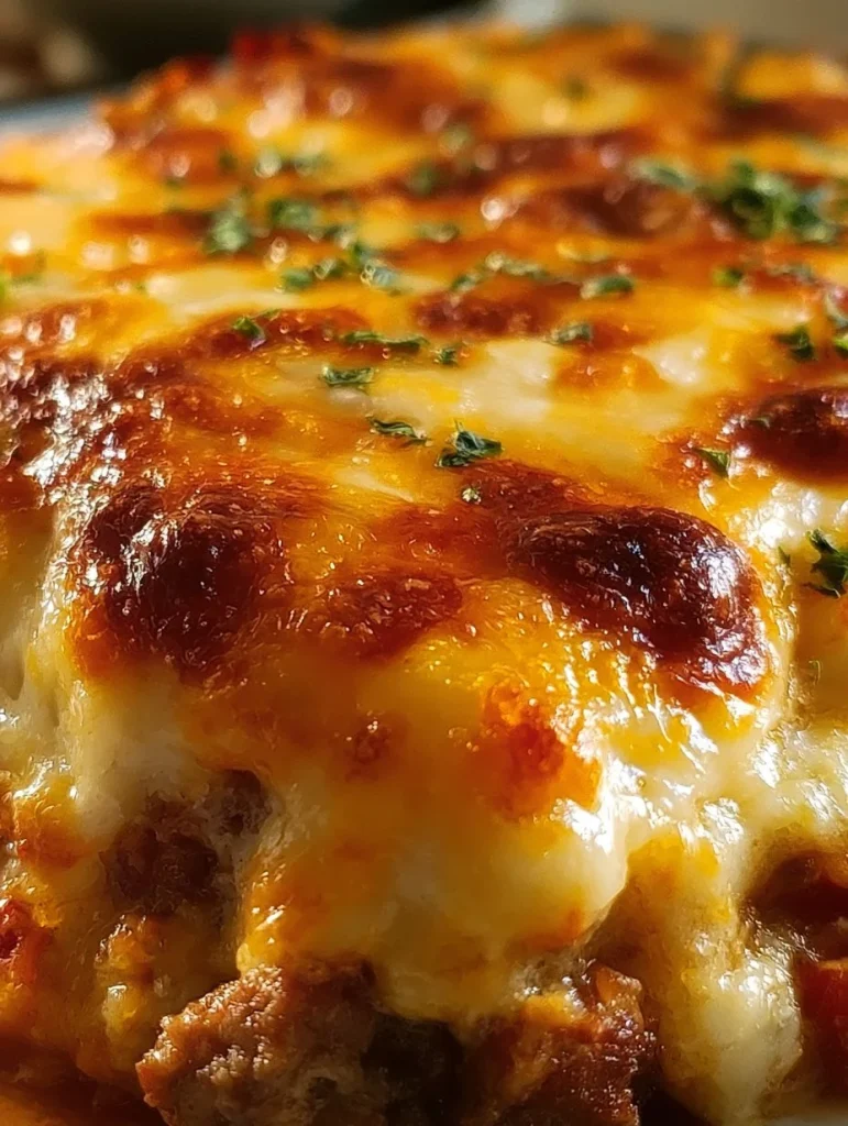 Cazuela de hamburguesa Cheddar Bay fácil y rápida, deliciosa receta en una imagen.