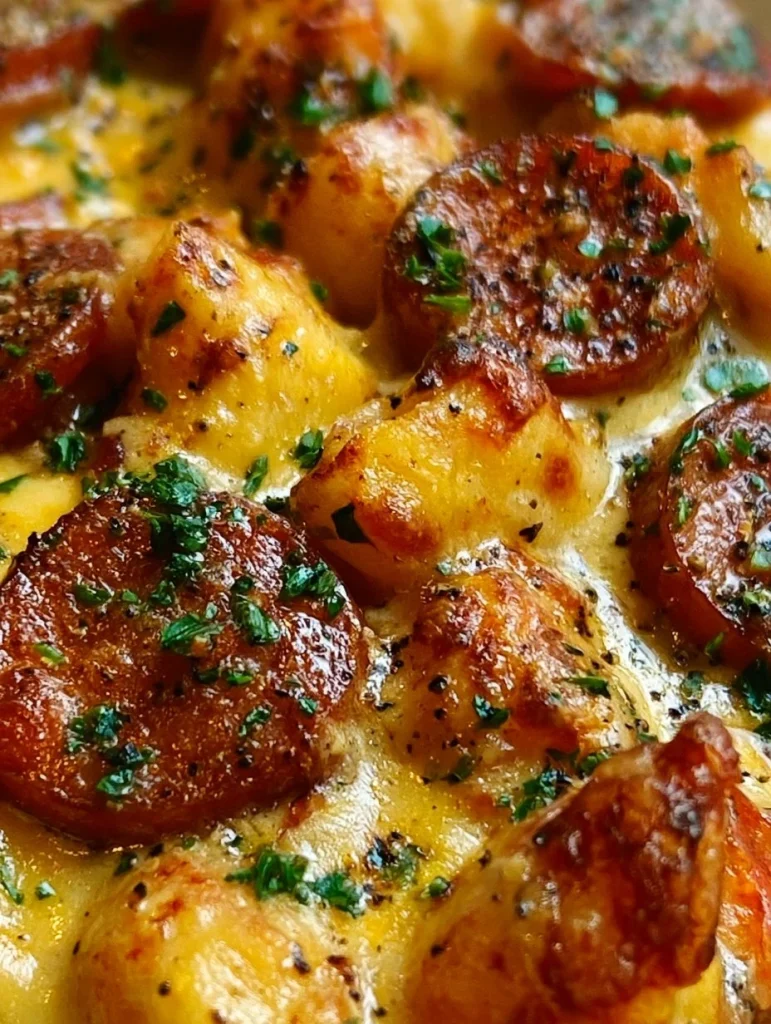 Cazuela de Papas con Queso y Salchichas Kielbasa en un plato tradicional.