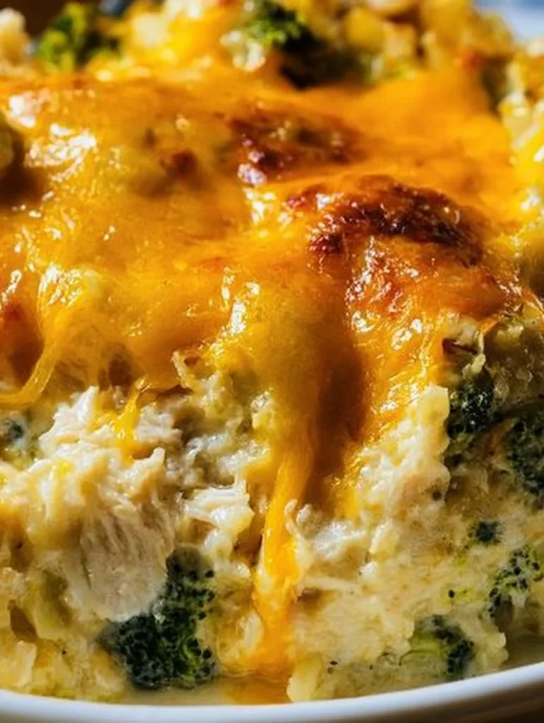 Casserole de pollo, brócoli y arroz con queso, un plato delicioso y fácil de preparar.