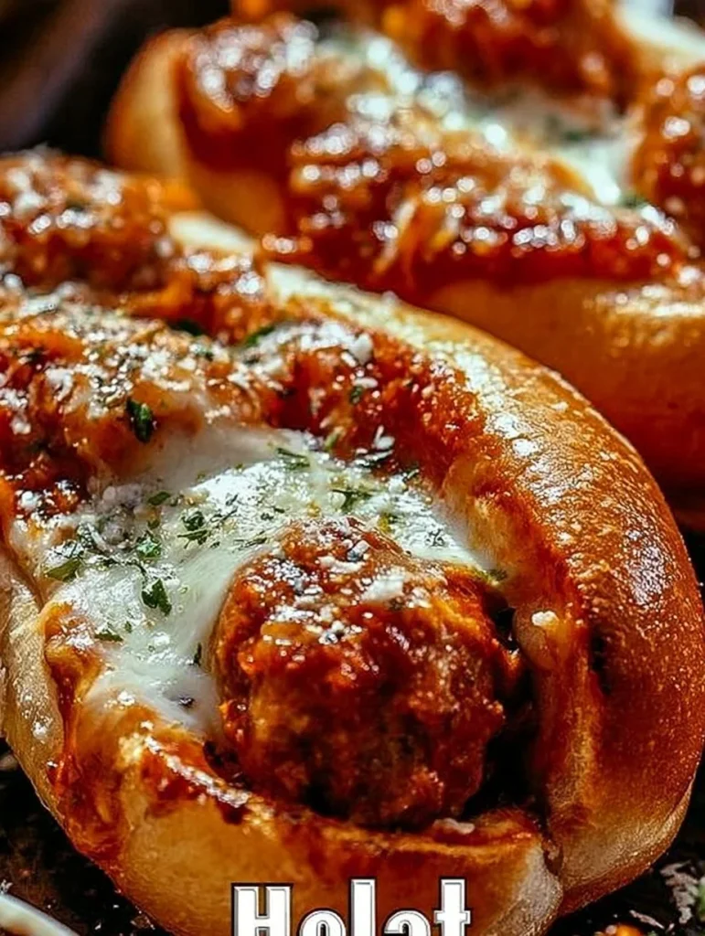Deliciosos meatball subs cubiertos de queso derretido y salsa.