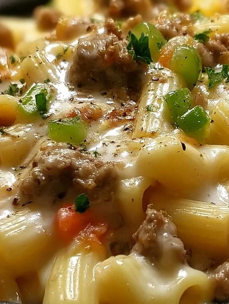 Plato de Philly Cheese Steak Pasta servido en un bol