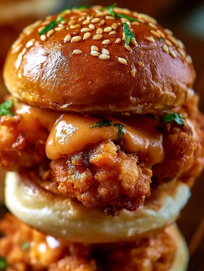 Deslizadores de Pollo Bang Bang servidos en un plato con salsa picante.
