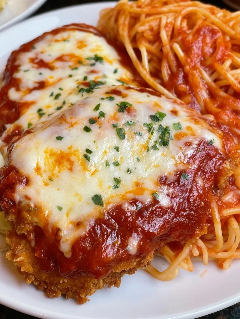Plato de pollo parmesano recién horneado con queso derretido y salsa roja