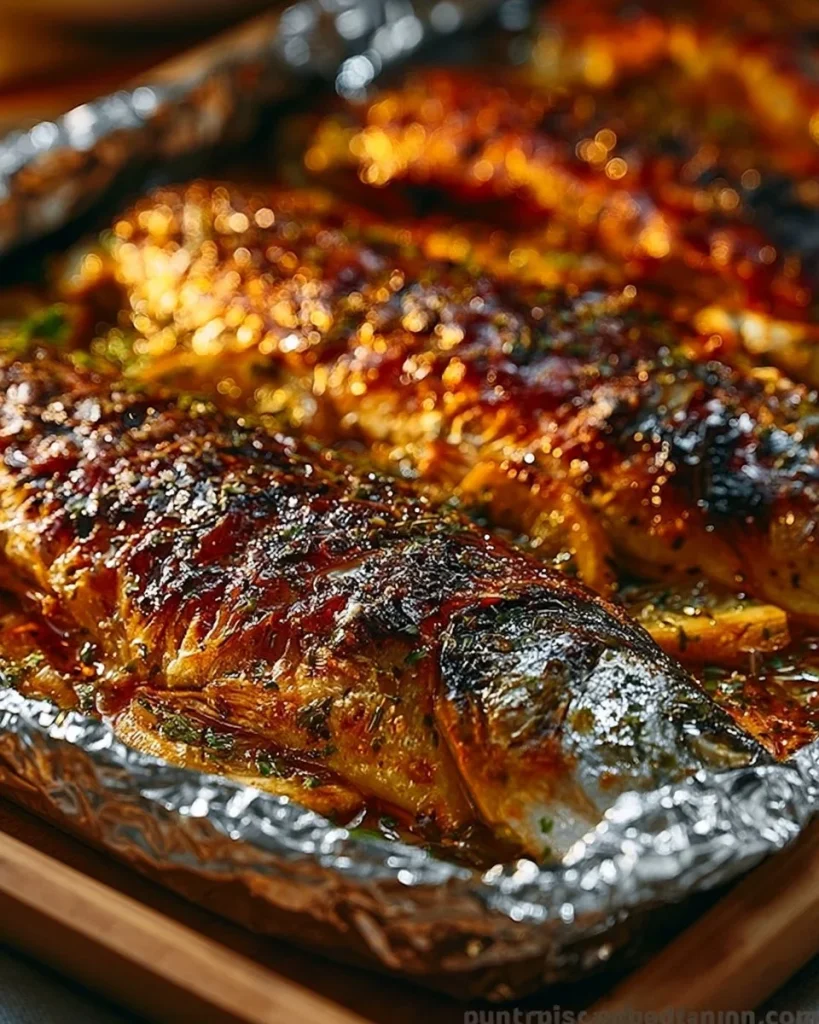 Pescado a la parrilla jugoso cocinado en papel de aluminio
