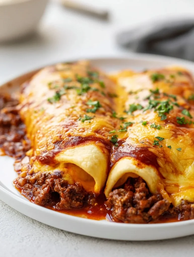Plato de enchiladas de res recién preparadas con salsa verde y queso fundido.