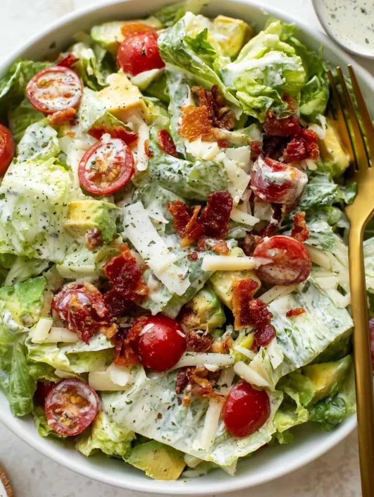 Ensalada BLT con lechuga, tocino y tomate fresco en un plato
