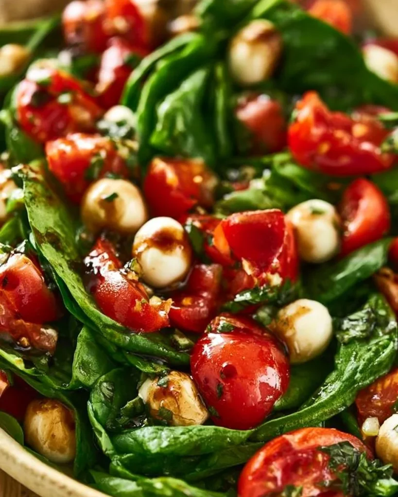 Ensalada Caprese con espinacas, mozzarella, y tomate fresco en un plato.