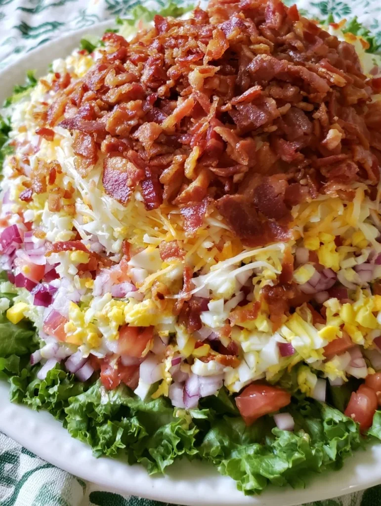 Ensalada Carolina Soñadora con aderezo de tocino caliente en un plato colorido.
