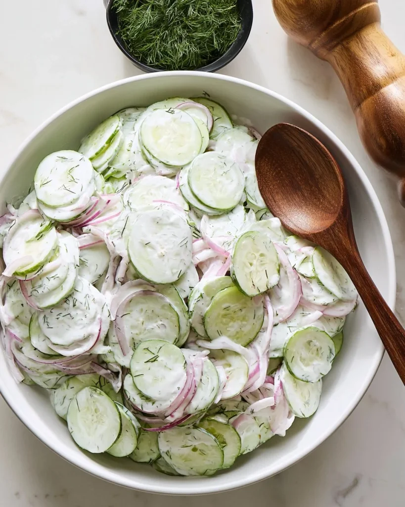 Ensalada cremosa de pepino fresca y deliciosa en un plato