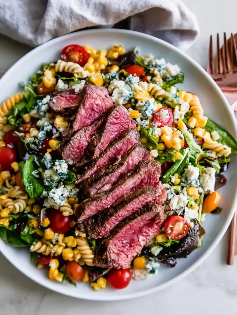 Ensalada de bistec balsámico con gorgonzola y maíz a la parrilla en un plato