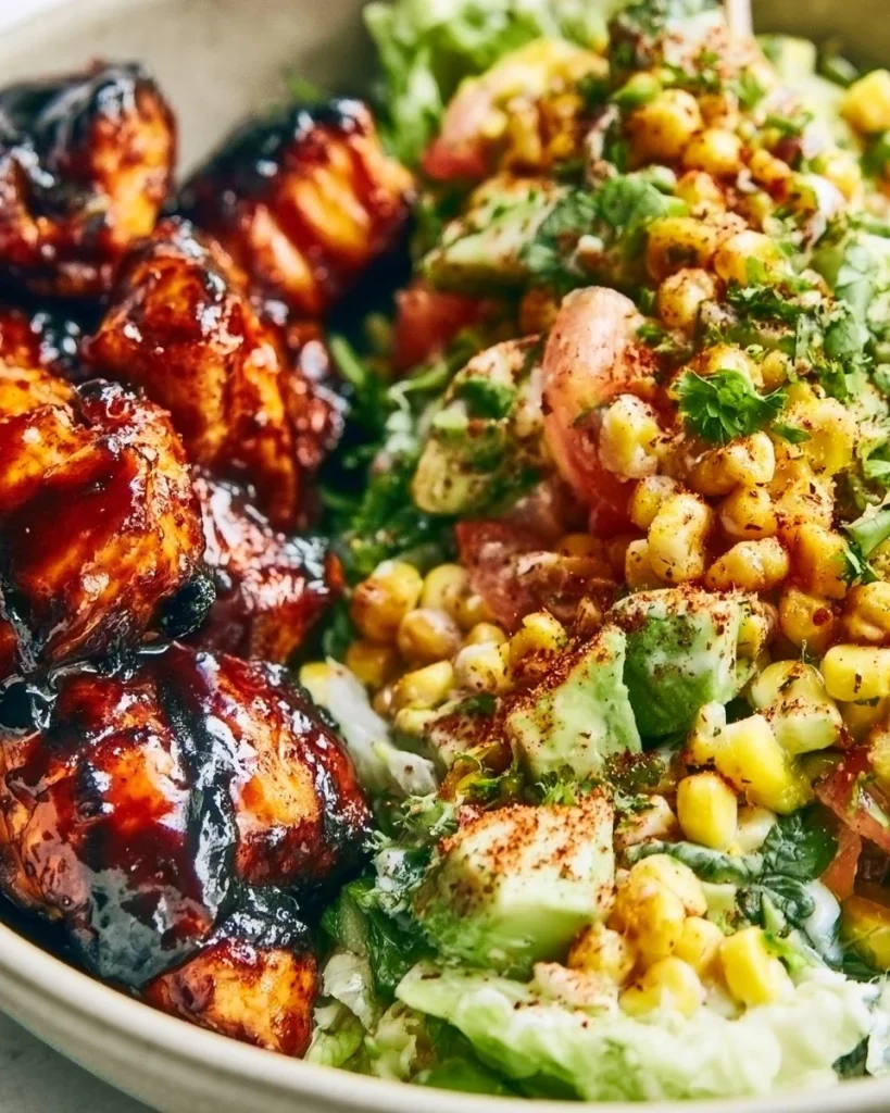 Ensalada de brochetas de pollo a la parrilla presentada en un plato colorido